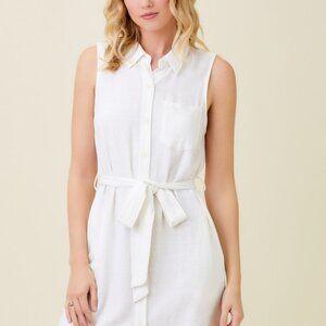 Mystree White Linen Blend Sleeveless Button Front Tie Waist Pocket Dress Duster